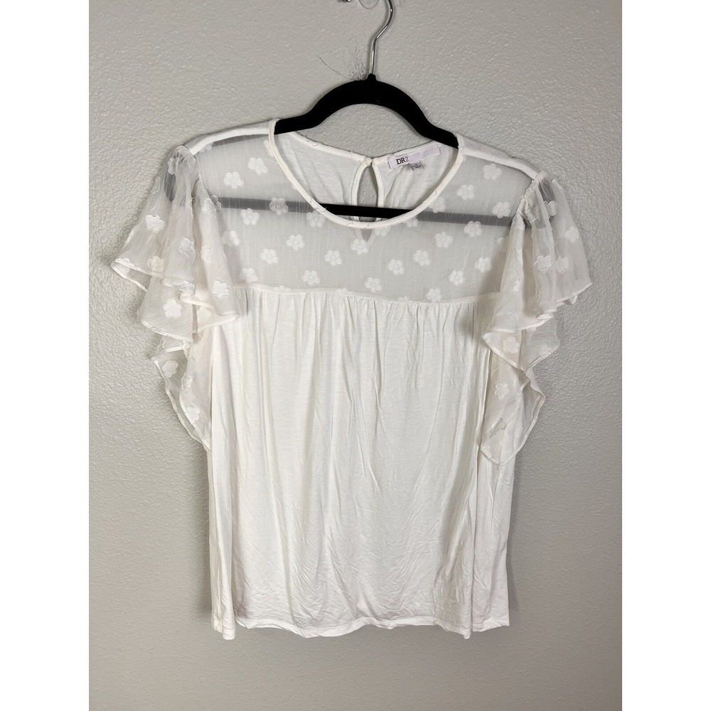 DR2 Womens Blouse Medium White Short Sleeve Peasant Sheer Neckline